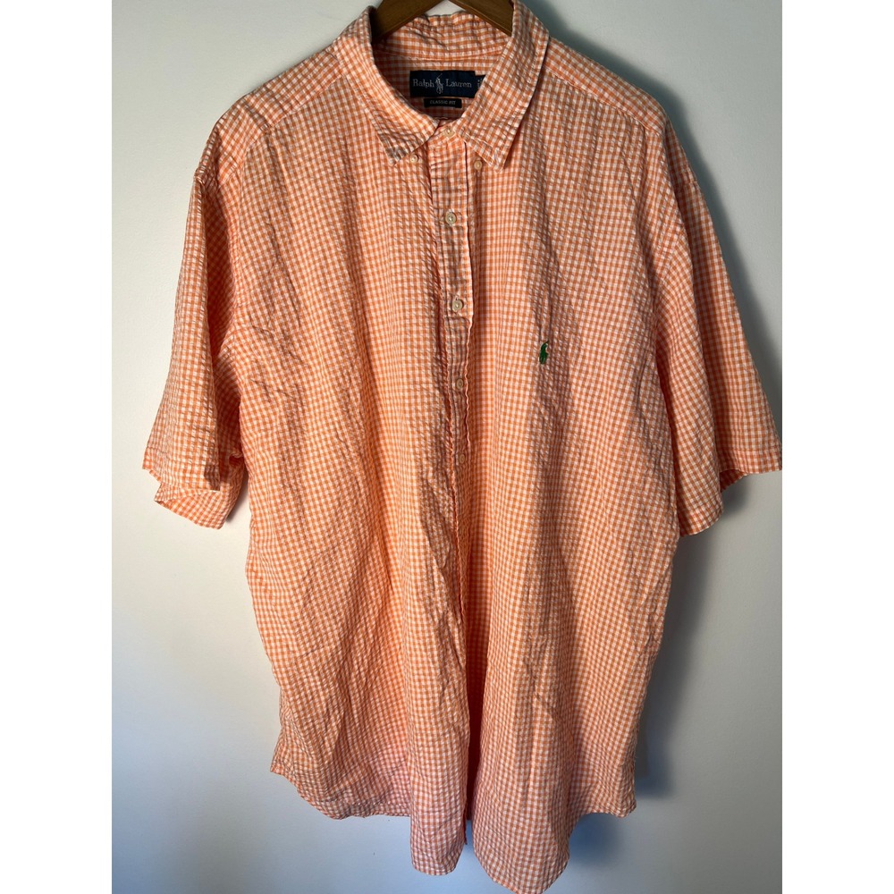 Ralph Lauren Button Down Mens 3XLT Orange Gingham Seersucker Short Sleeve Shirt